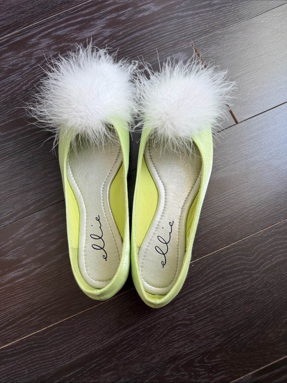 Ellie Neon Yellow Ballet Flats with White Pom-Poms Tinkerbell style shoes
